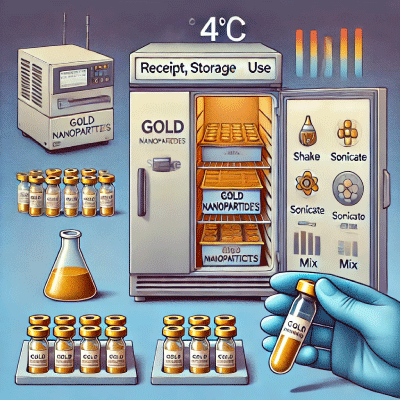 Here is an image that visually represents the content of the webpage regarding the receipt, storage, and use of gold nanoparticles. It features a lab setting with labeled vials, a refrigerator, safety icons, and a spectrometer, capturing the essential guidelines and procedures outlined on the page.